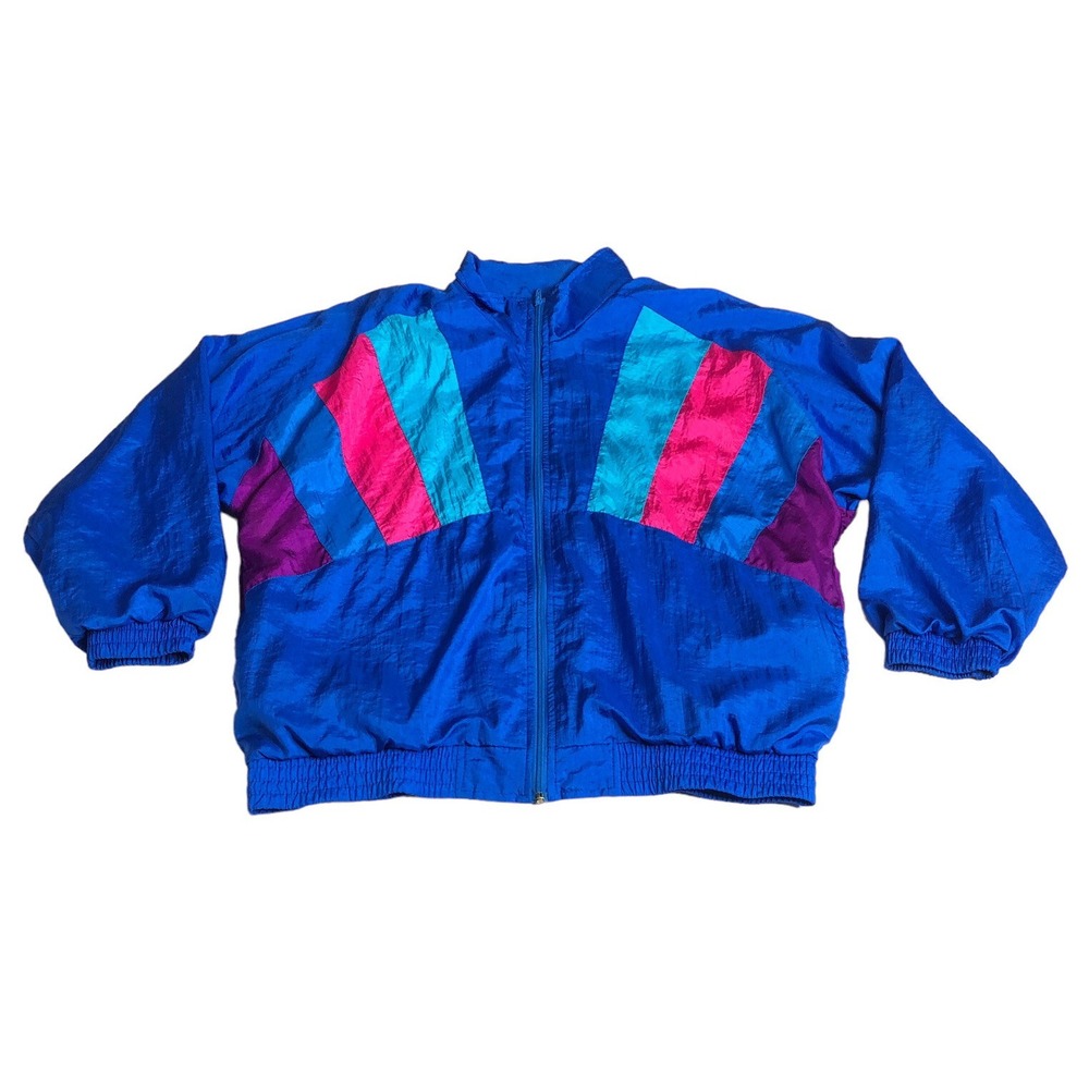 Vintage 90s Bocoo Colorblock Windbreaker Jacket Womens L Blue Neon Retro Nylon